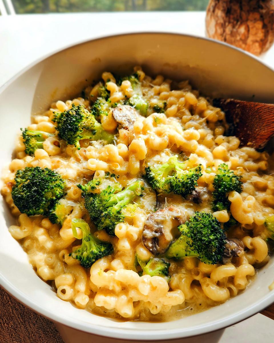 Close-up of Healthy One Pot Broccoli Mac & Cheese in a bowl, with pasta, broccoli florets, and melted cheese.