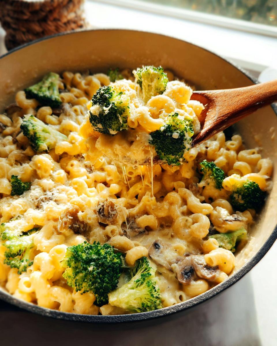 A wooden spoon lifting a cheesy portion of Healthy One Pot Broccoli Mac & Cheese, showing pasta, broccoli florets, and mushrooms.