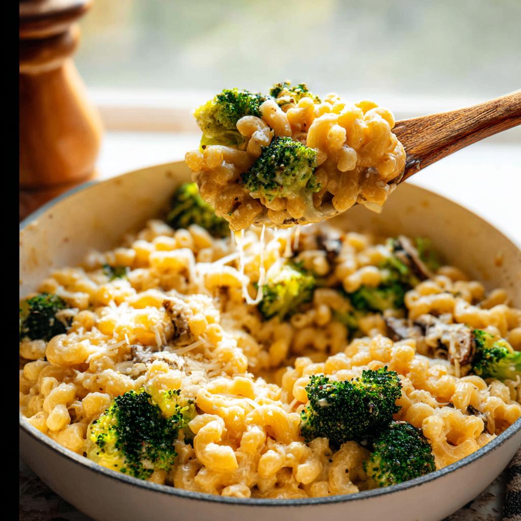 A spoonful of creamy Healthy One Pot Broccoli Mac & Cheese with florets of broccoli and melted cheese.