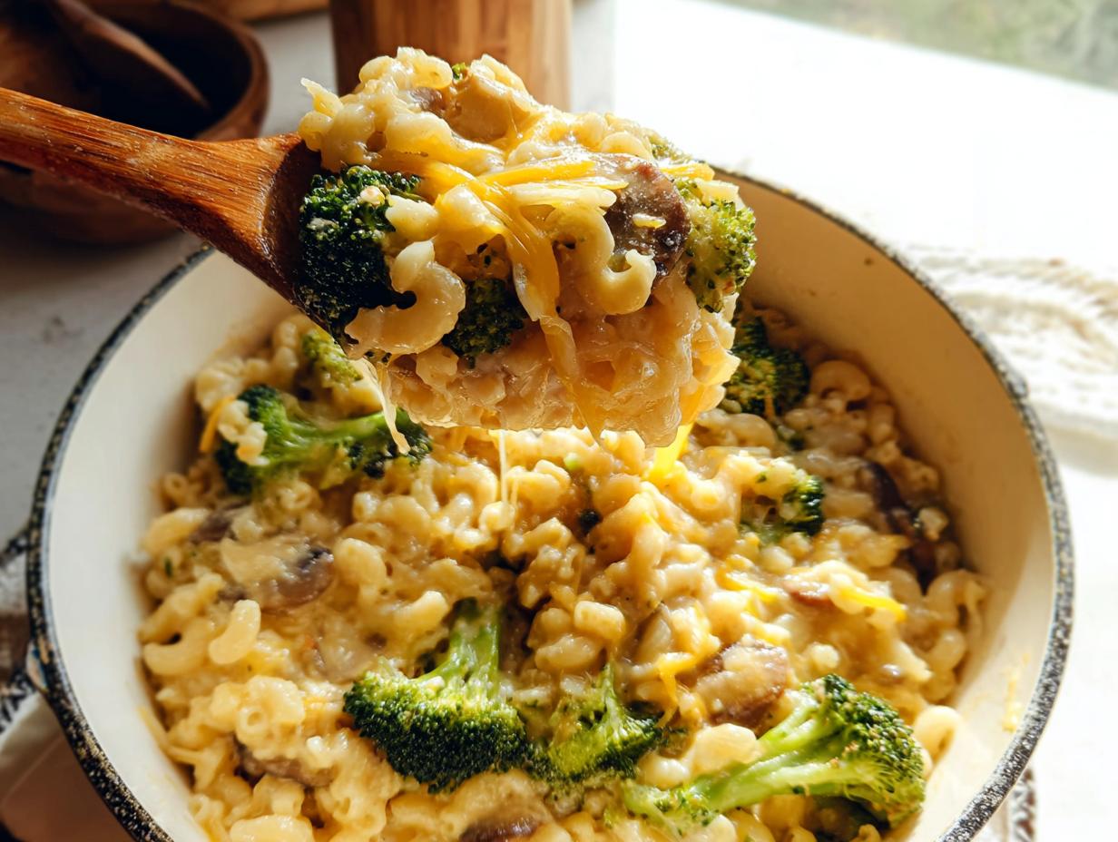 A wooden spoon scooping up a serving of Healthy One Pot Broccoli Mac & Cheese, showing pasta, broccoli florets, and melted cheese.