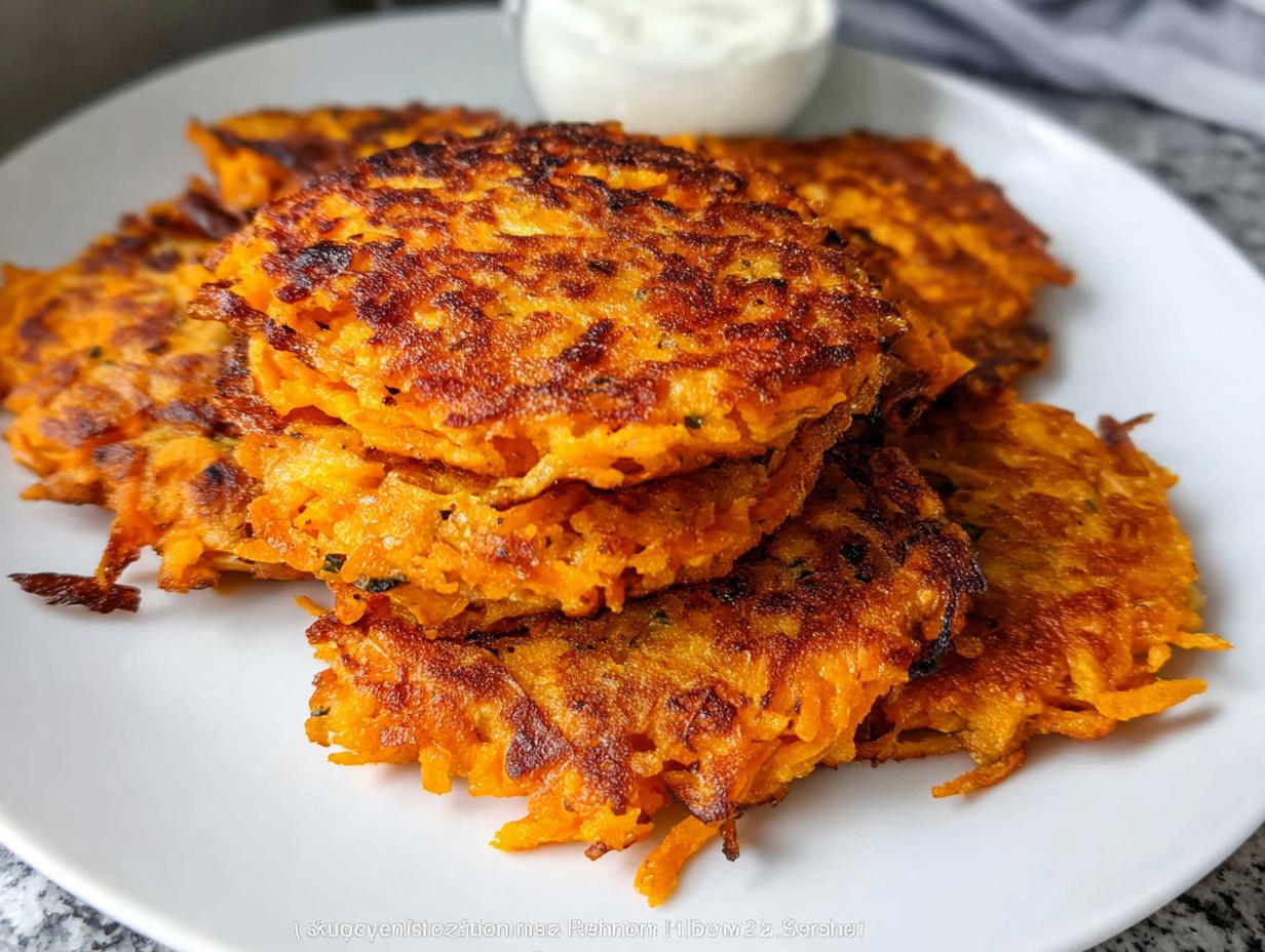 A pile of golden-brown, crispy Healthy Sweet Potato Hash Browns on a white plate, with a small dish of dipping sauce in the background.