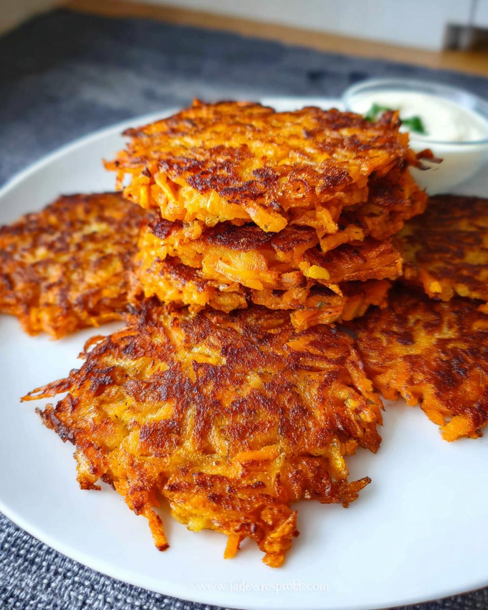 A stack of golden-brown, crispy Healthy Sweet Potato Hash Browns on a white plate, with a small bowl of dip in the background.