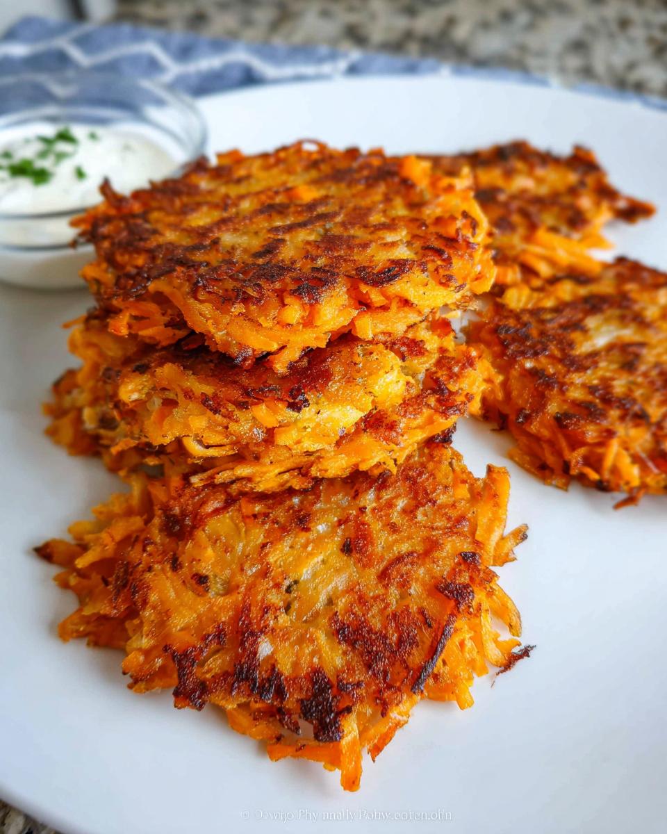 A stack of golden-brown Healthy Sweet Potato Hash Browns served with a side of dipping sauce.