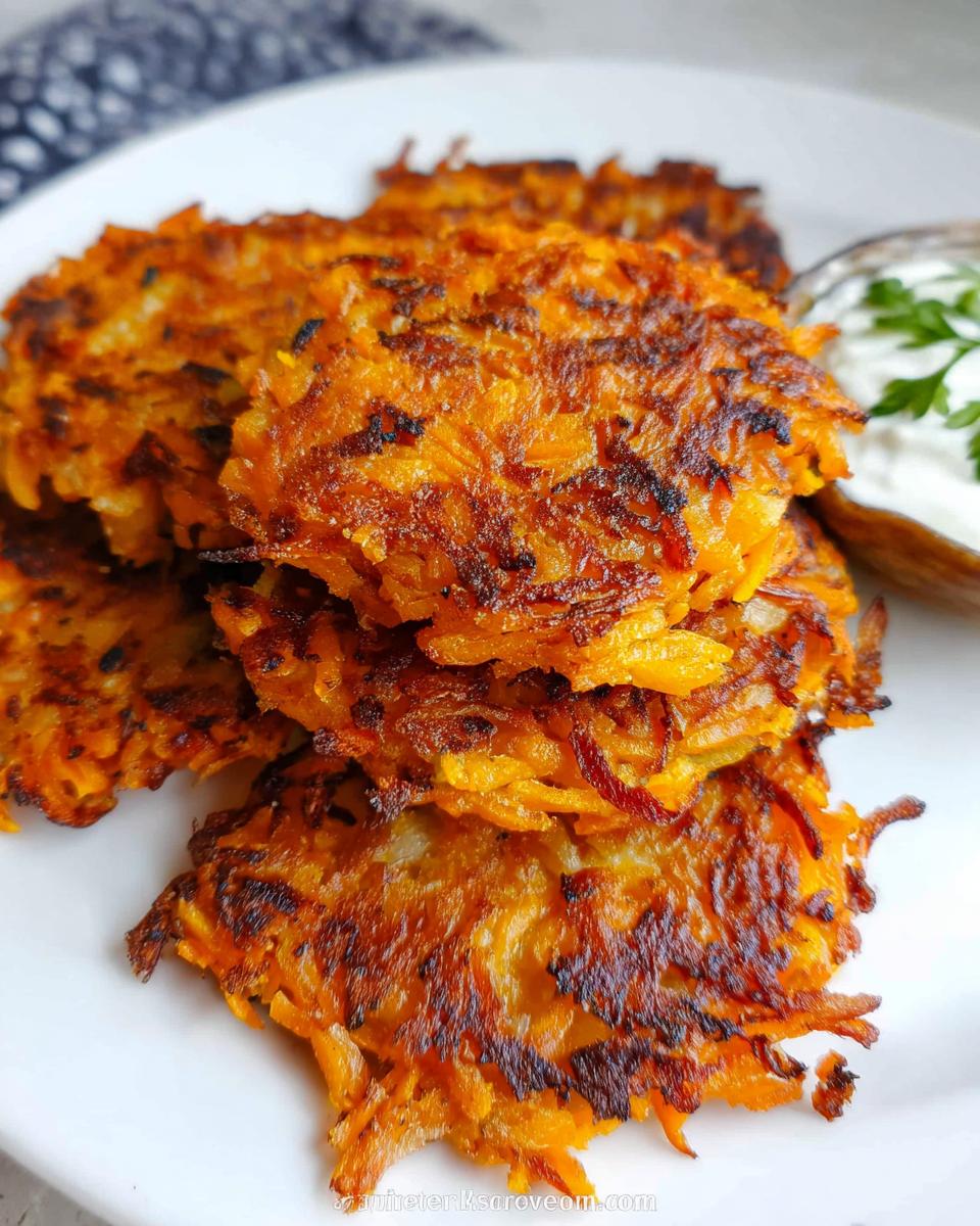 A stack of golden-brown, crispy Healthy Sweet Potato Hash Browns on a white plate, served with a side of yogurt and parsley.