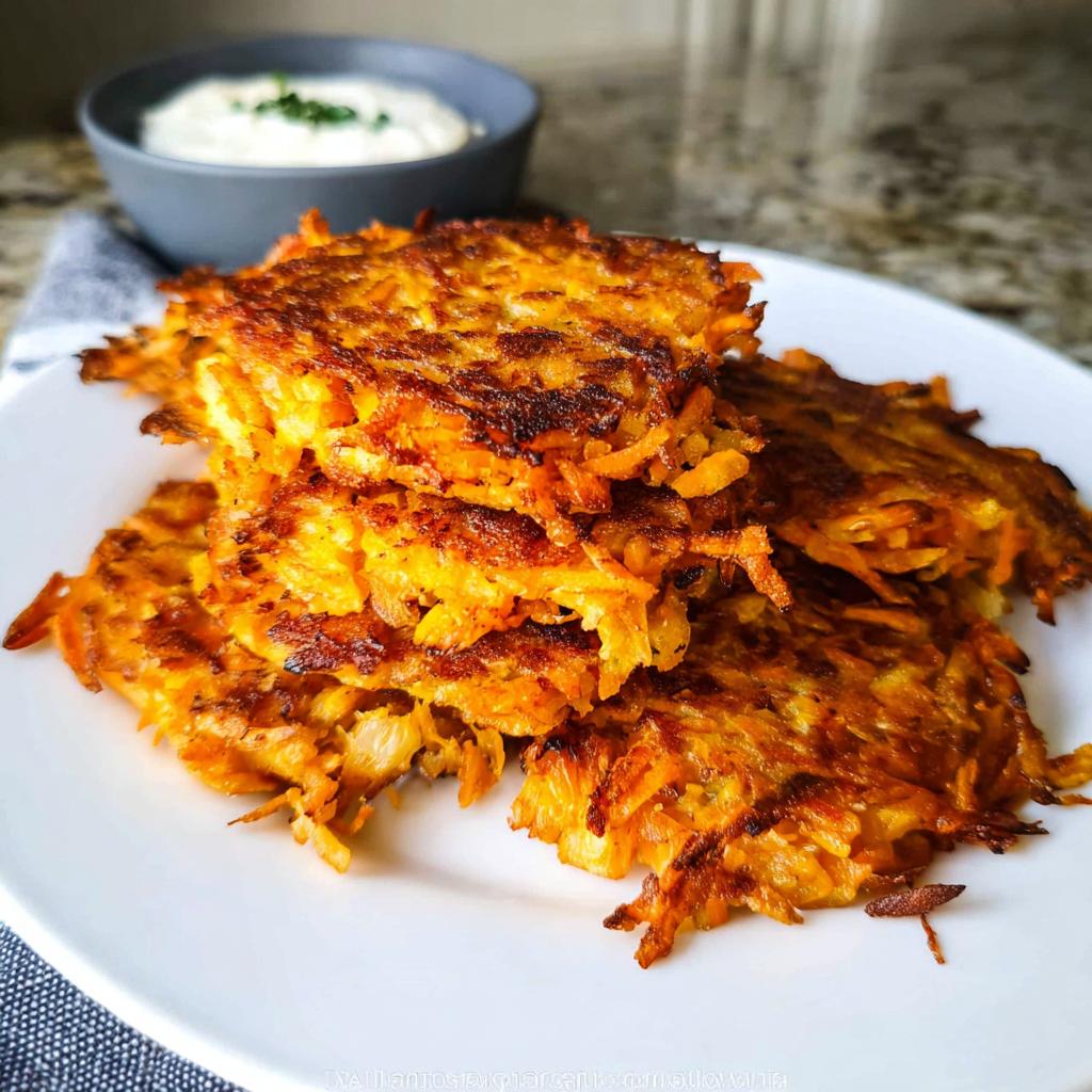 A stack of golden-brown, crispy Healthy Sweet Potato Hash Browns on a white plate, with a bowl of dip in the background.