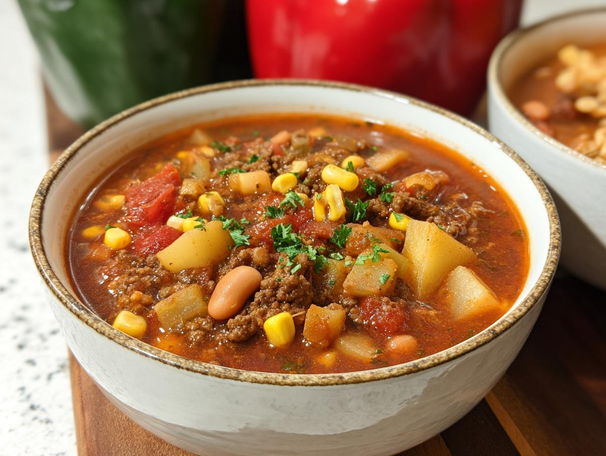 A close-up of a bowl of hearty Cowboy Soup, filled with ground beef, potatoes, corn, tomatoes, and beans, garnished with parsley.