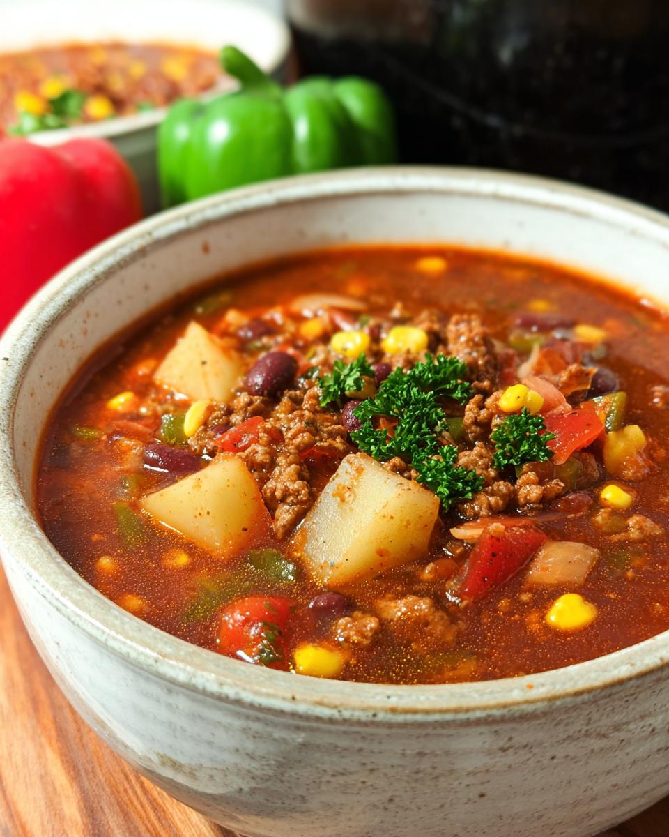 A close-up of a steaming bowl of Cowboy Soup, featuring ground beef, potatoes, beans, corn, and garnished with parsley.