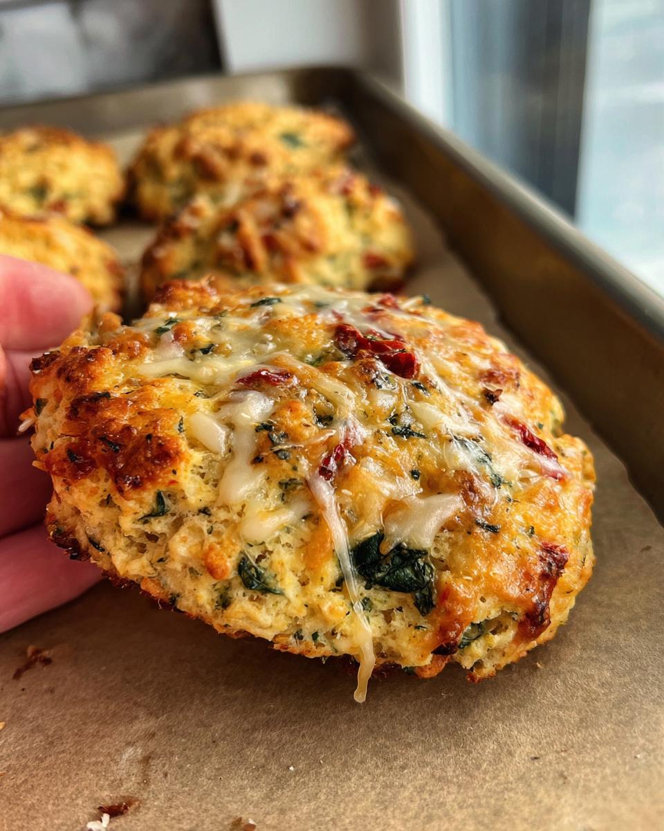A hand holding a golden-brown High Protein Breakfast Biscuit topped with melted cheese and herbs.