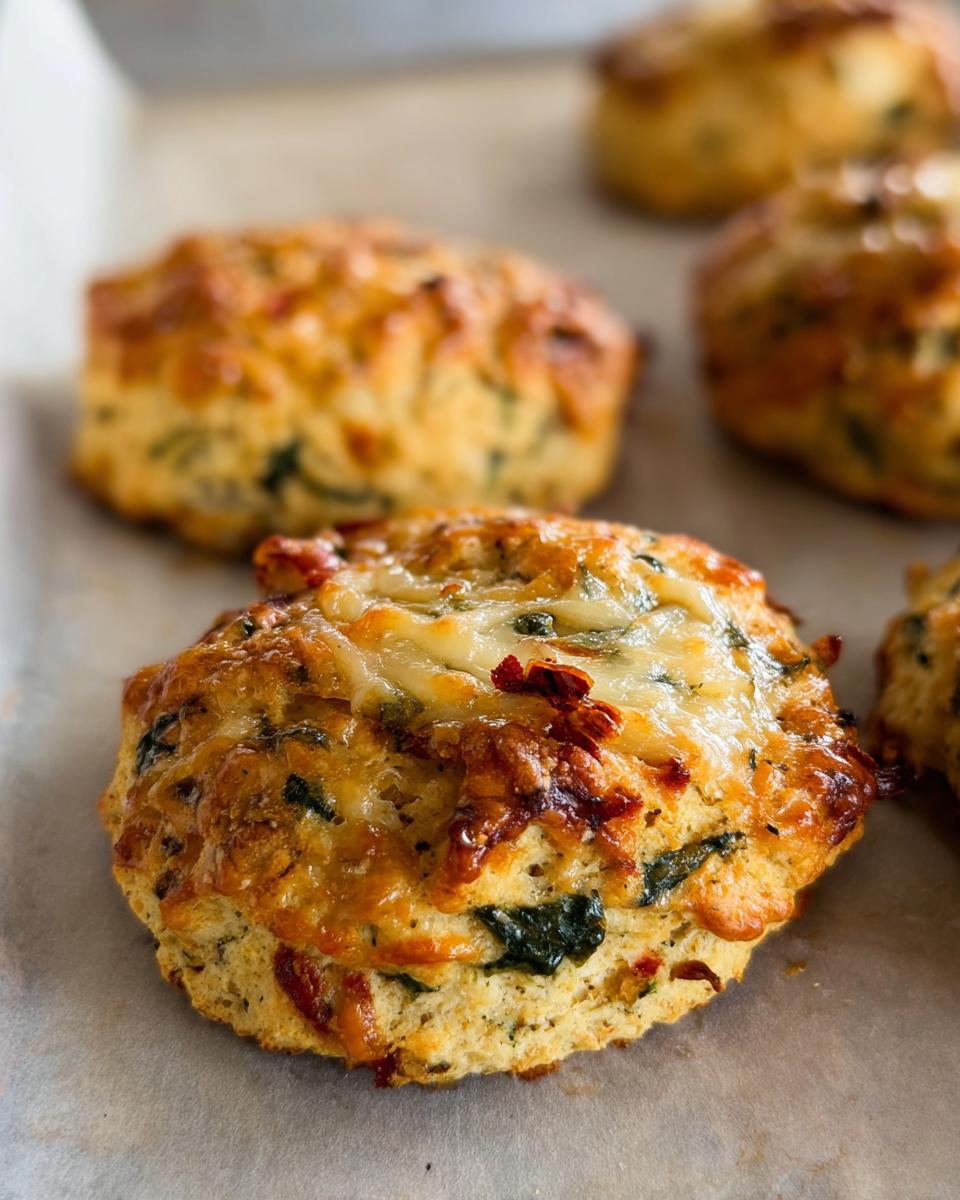 Close-up of golden brown High Protein Breakfast Biscuits topped with melted cheese and visible herbs.