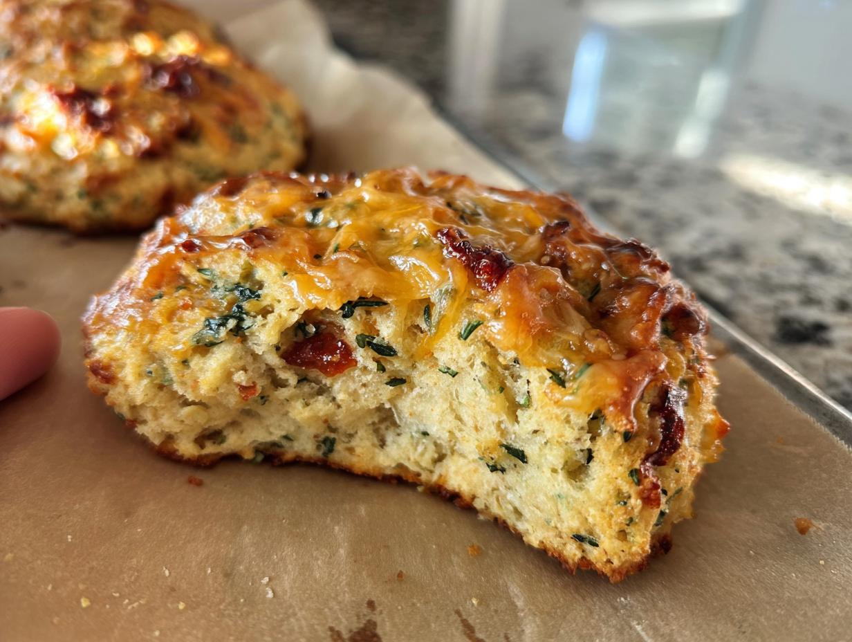 Close-up of a High Protein Breakfast Biscuit, showing a fluffy interior with visible herbs, cheese, and sun-dried tomatoes.