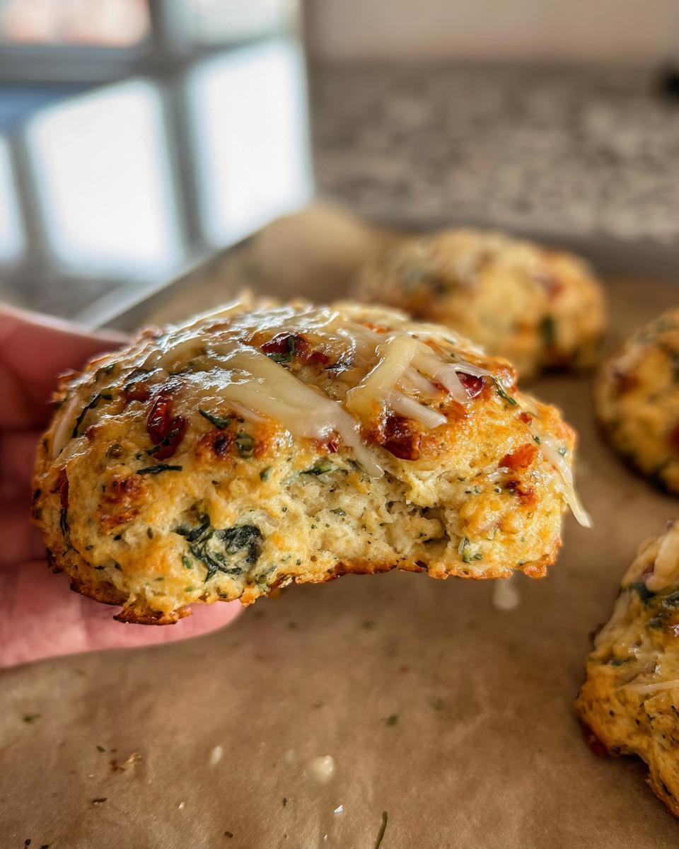 A hand holds a High Protein Breakfast Biscuit topped with melted cheese and visible herbs and sun-dried tomatoes.