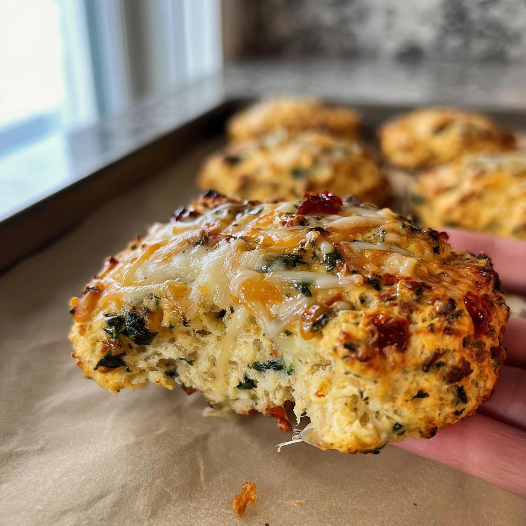 A hand holds a cheesy High Protein Breakfast Biscuit topped with herbs and sun-dried tomatoes.