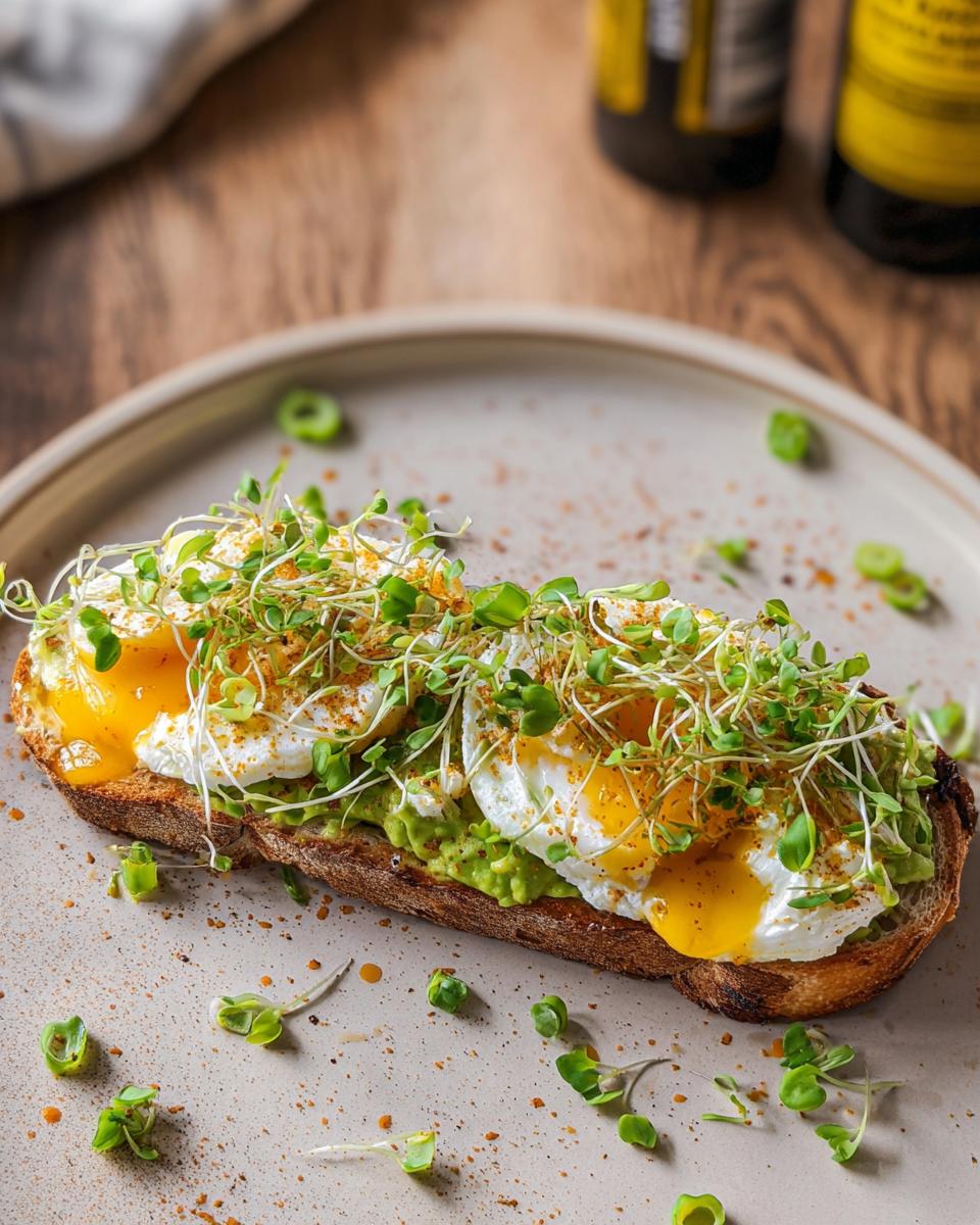 A slice of toast topped with mashed avocado, two fried eggs with runny yolks, and sprouts. High-Protein Breakfast.