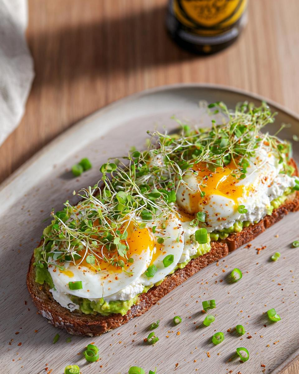 A high-protein breakfast toast topped with mashed avocado, cottage cheese, poached eggs, and sprouts.