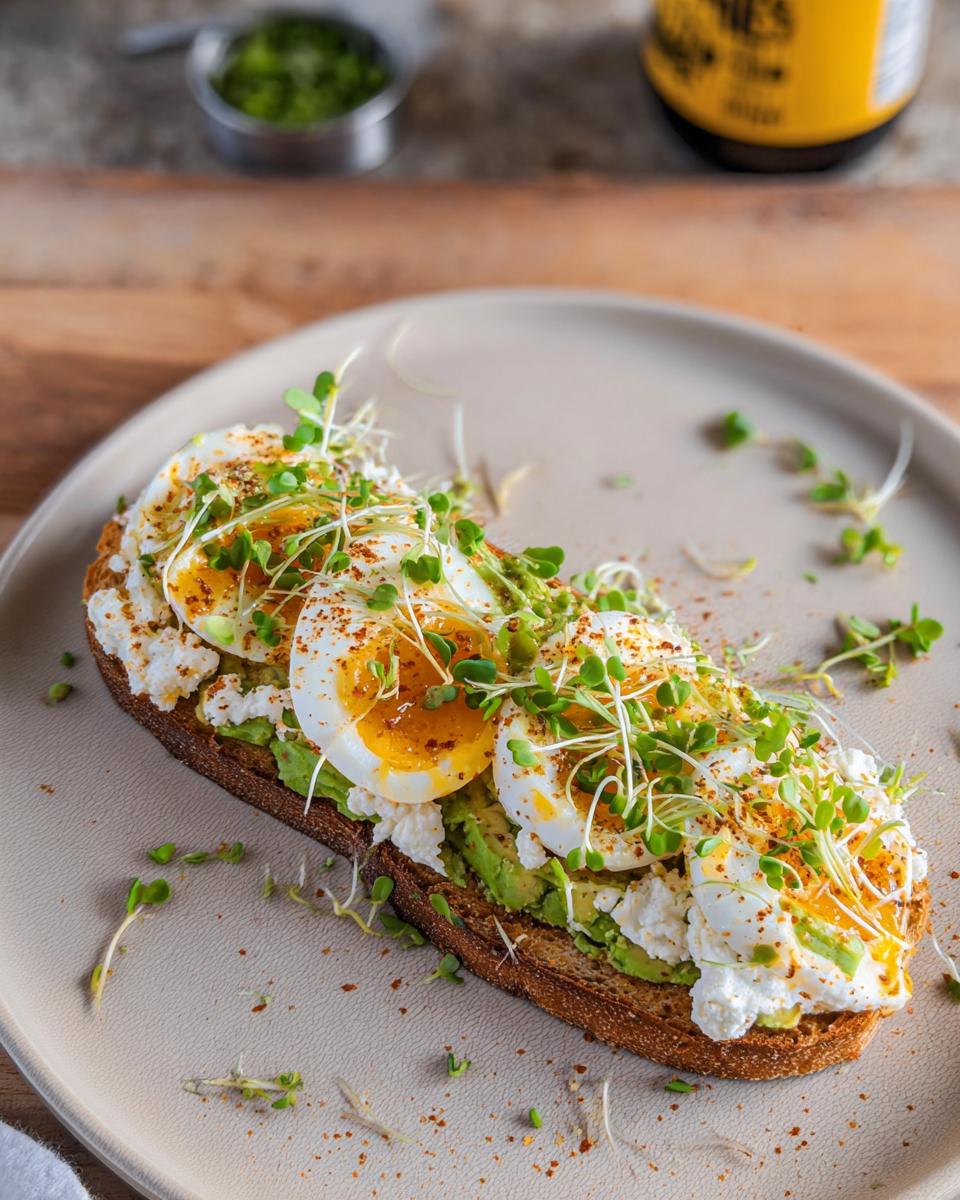 A slice of whole-wheat toast topped with mashed avocado, cottage cheese, soft-boiled eggs, and sprouts, a delicious high-protein breakfast.