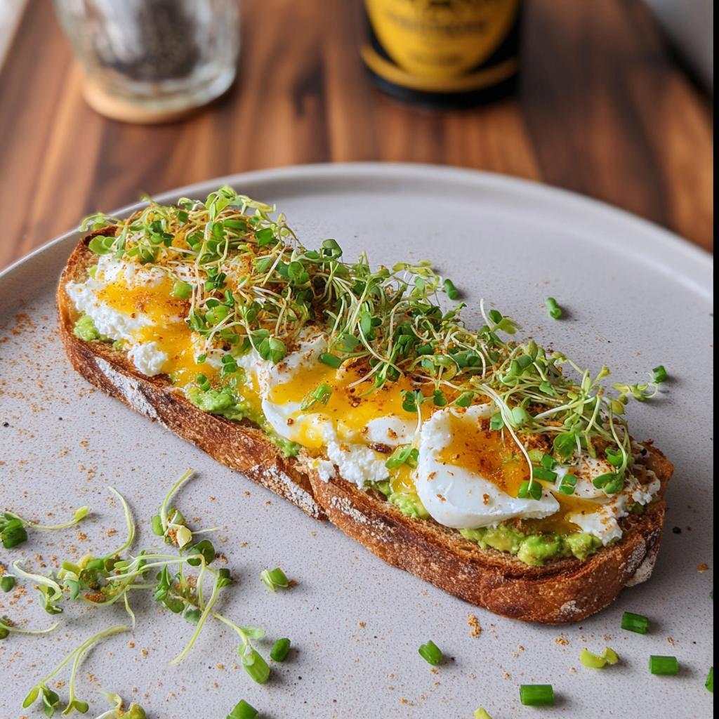 A slice of toasted sourdough bread topped with mashed avocado, cottage cheese, poached eggs, sprouts, and chives.