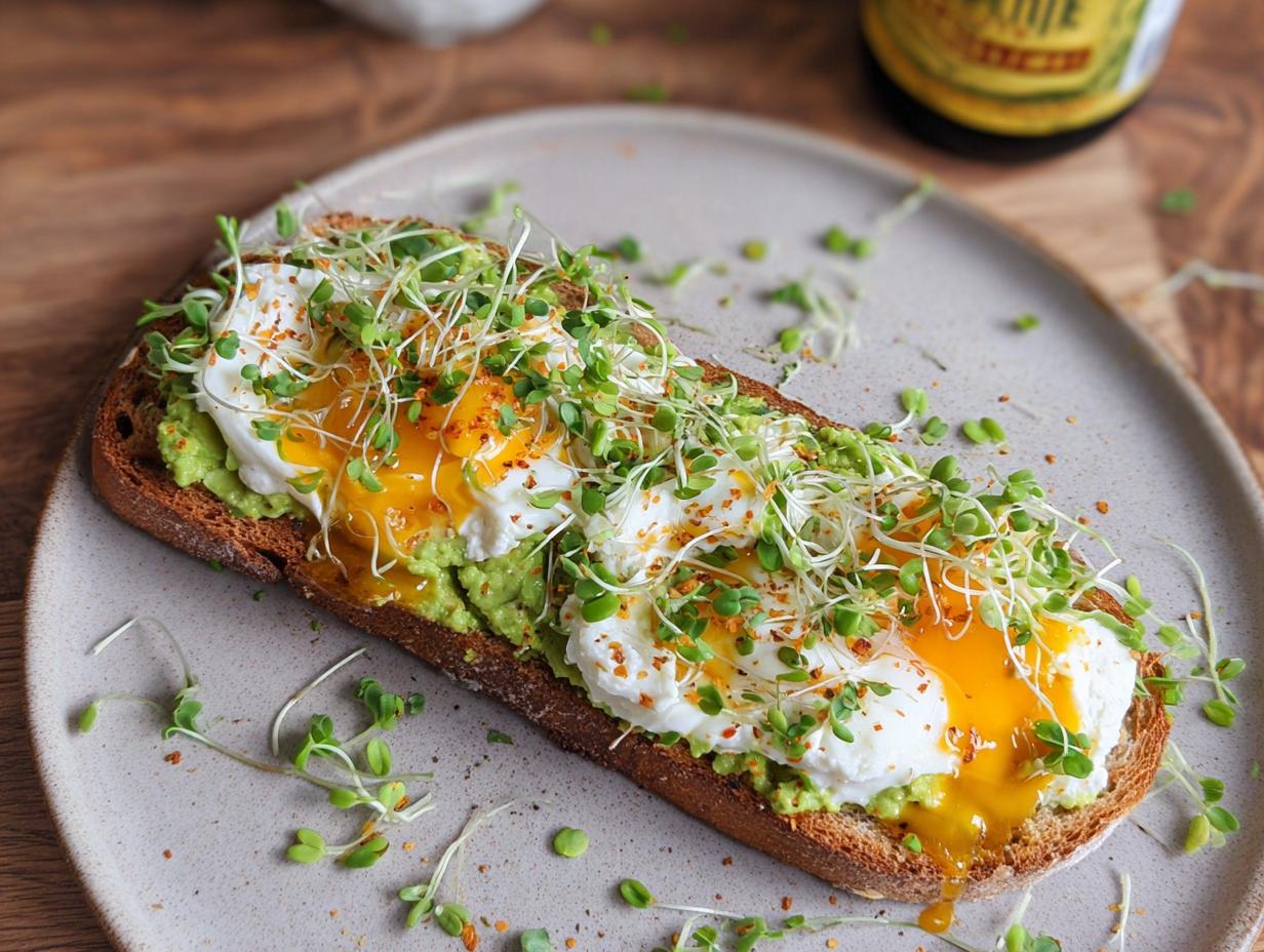 A high-protein breakfast wrap featuring cottage cheese, avocado, poached eggs, and sprouts on toast.