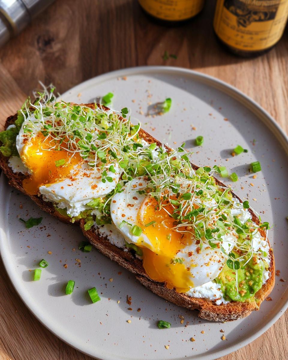 A high-protein breakfast wrap topped with creamy avocado, cottage cheese, and perfectly poached eggs with runny yolks.