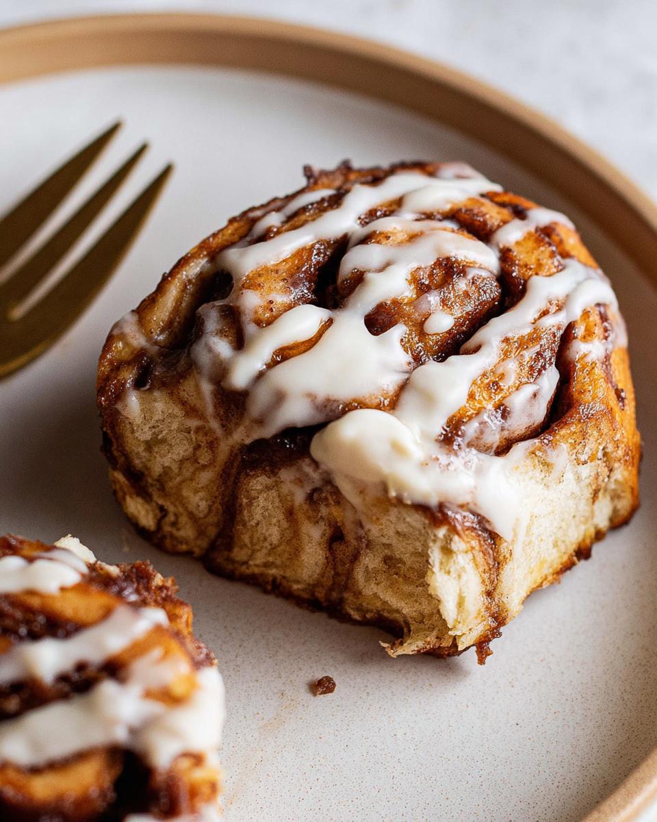 Close-up of a delicious High-Protein Cinnamon Roll Bread swirl, drizzled with white icing.