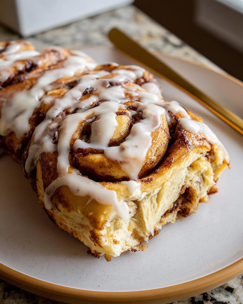 Close-up of a slice of High-Protein Cinnamon Roll Bread drizzled with white icing.