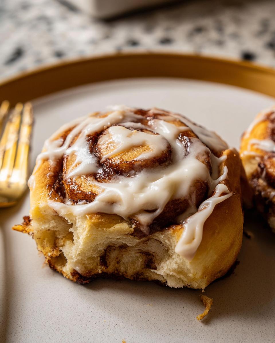 A close-up of a high-protein cinnamon roll bread, drizzled with white icing and a bite taken out.
