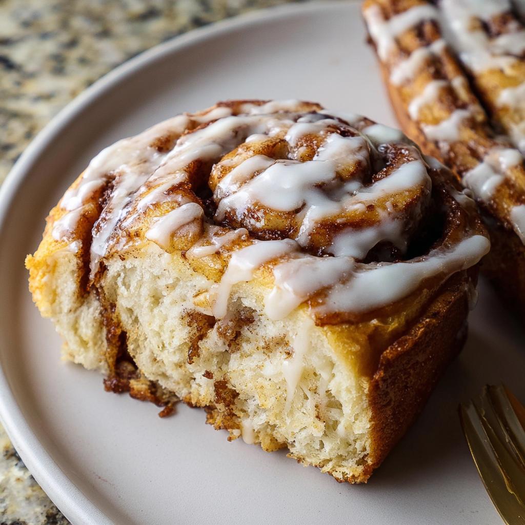 Close-up of a slice of high-protein cinnamon roll bread, drizzled with white icing.