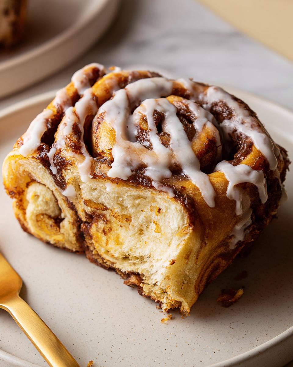 A close-up of a slice of High-Protein Cinnamon Roll Bread, drizzled with white icing.