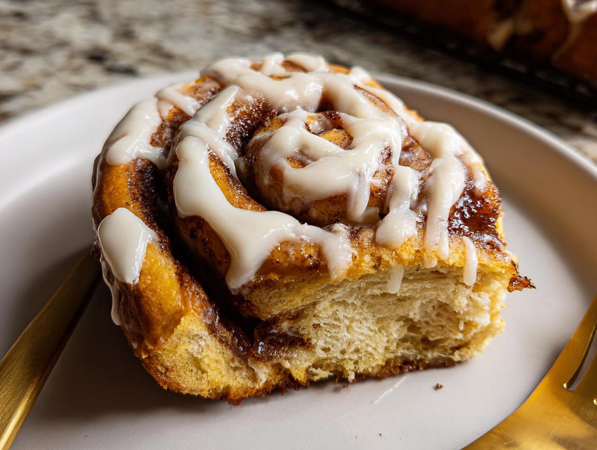 A close-up of a high-protein cinnamon roll bread slice, drizzled with white icing.