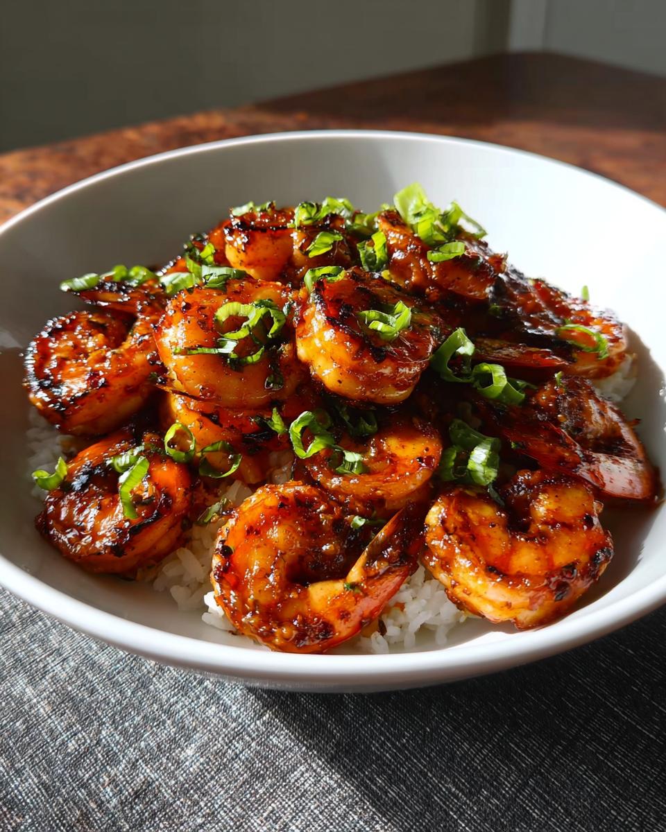A close-up of a white bowl filled with fluffy white rice and topped with glistening High-Protein Honey Garlic Shrimp, garnished with chopped green onions.