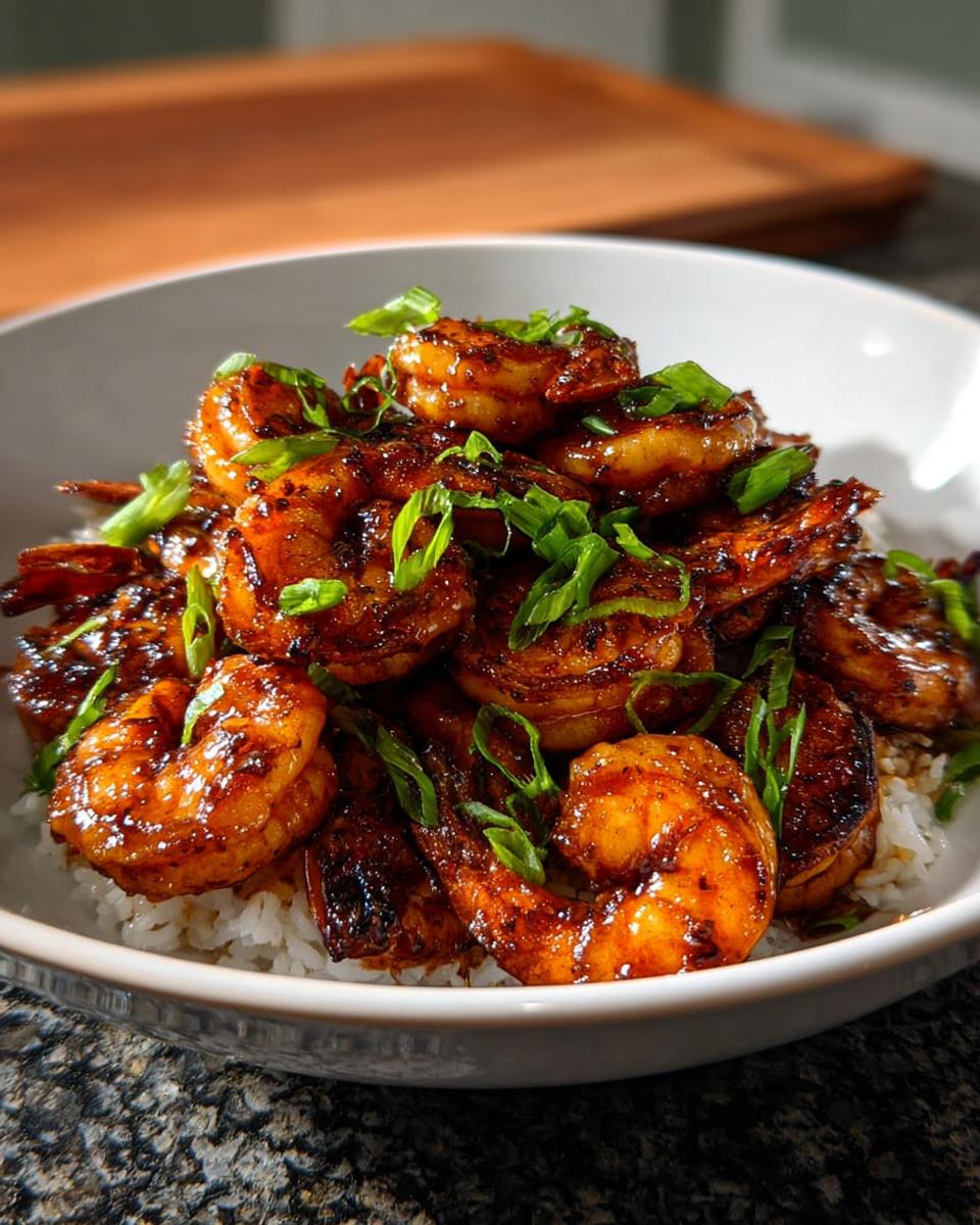 A bowl of fluffy white rice topped with glistening High-Protein Honey Garlic Shrimp and chopped green onions.
