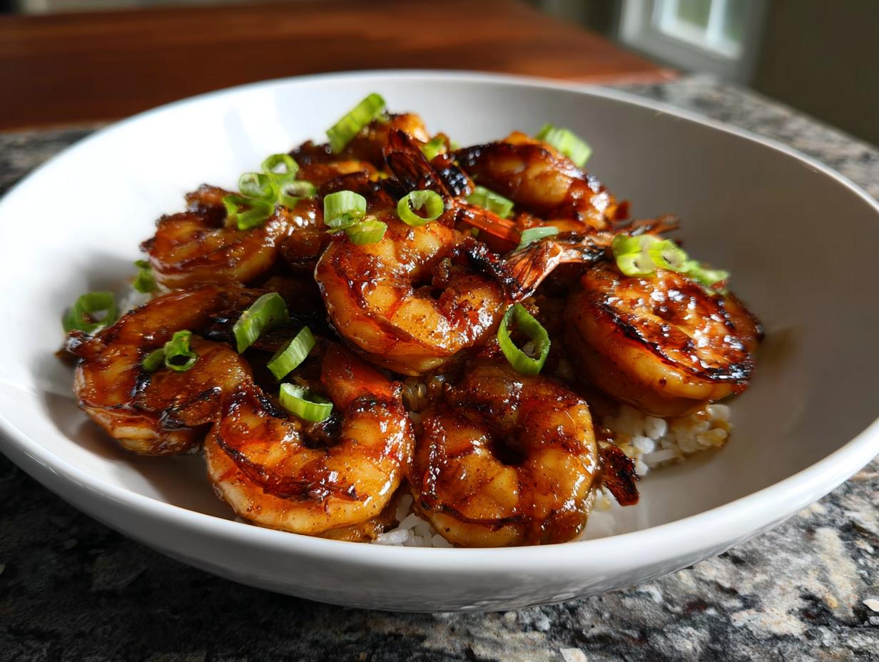 A bowl of glistening High-Protein Honey Garlic Shrimp served over white rice and garnished with green onions.