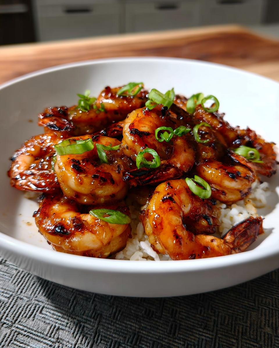 A bowl of white rice topped with glistening High-Protein Honey Garlic Shrimp and garnished with green onions.