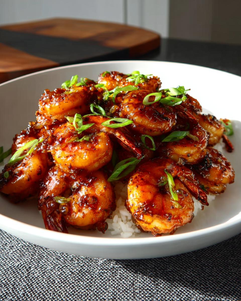 A bowl of fluffy white rice topped with glistening High-Protein Honey Garlic Shrimp and chopped green onions.