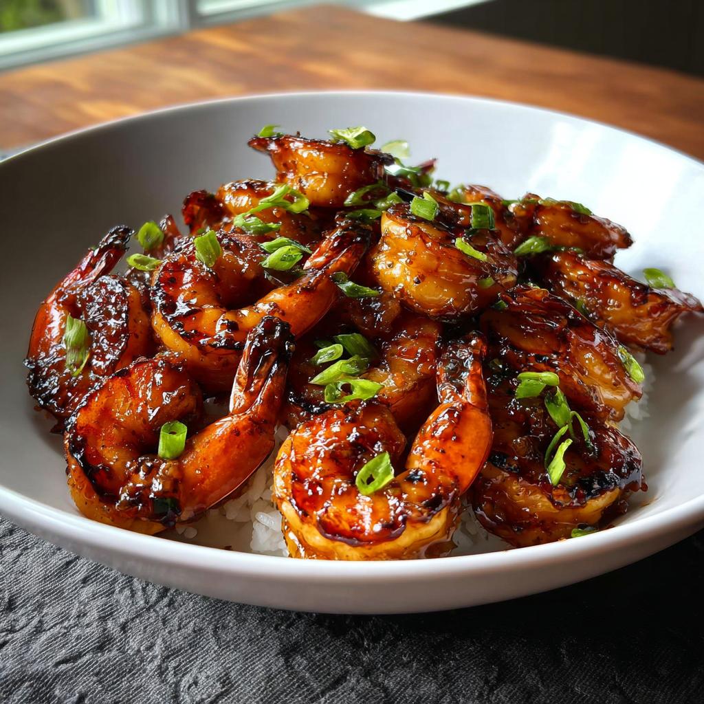 A bowl of glistening High-Protein Honey Garlic Shrimp, garnished with chopped green onions, served over white rice.