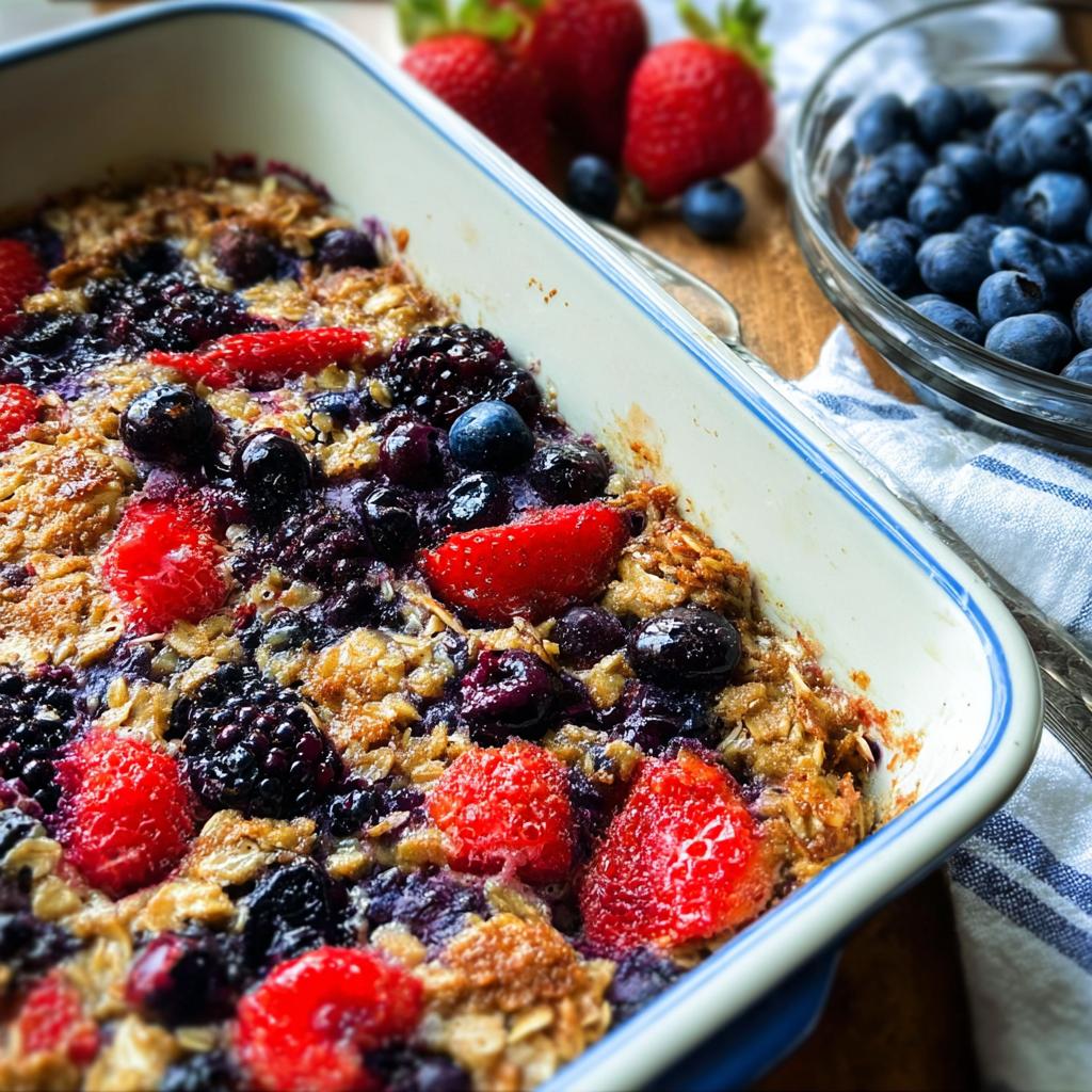 A close-up of a High Protein Triple Berry Bake in a white and blue dish, topped with strawberries, blueberries, and blackberries.