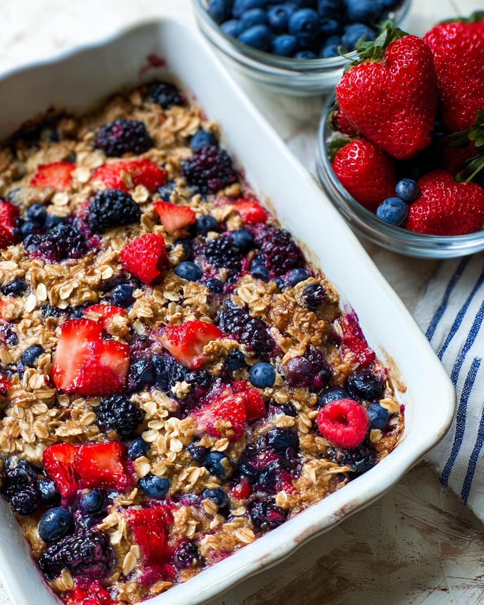 A close-up of a High Protein Triple Berry Bake in a white baking dish, topped with fresh berries and oats.