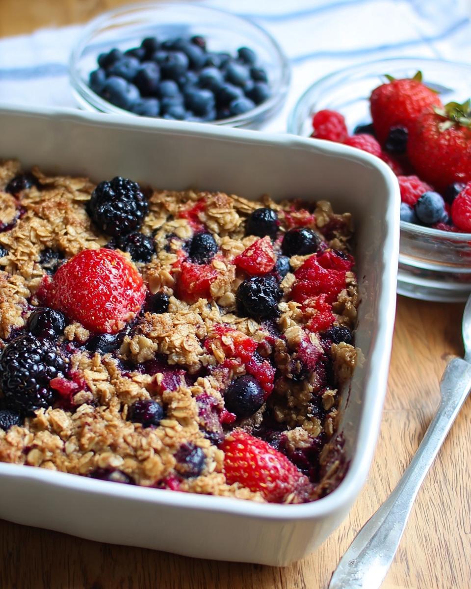 A close-up of a High Protein Triple Berry Bake in a white baking dish, topped with oats and fresh berries.