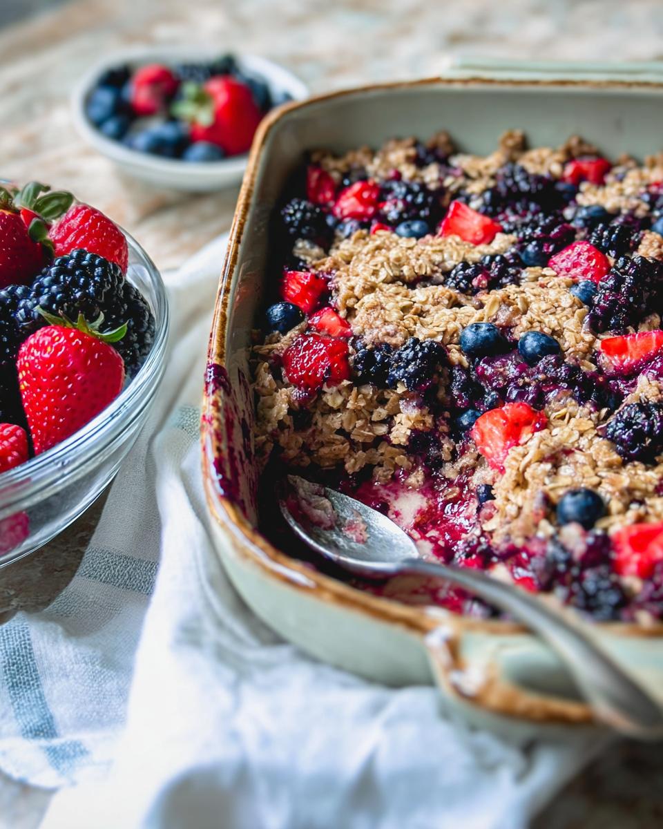 Close-up of a High Protein Triple Berry Bake in a baking dish, with fresh berries and an oat topping.