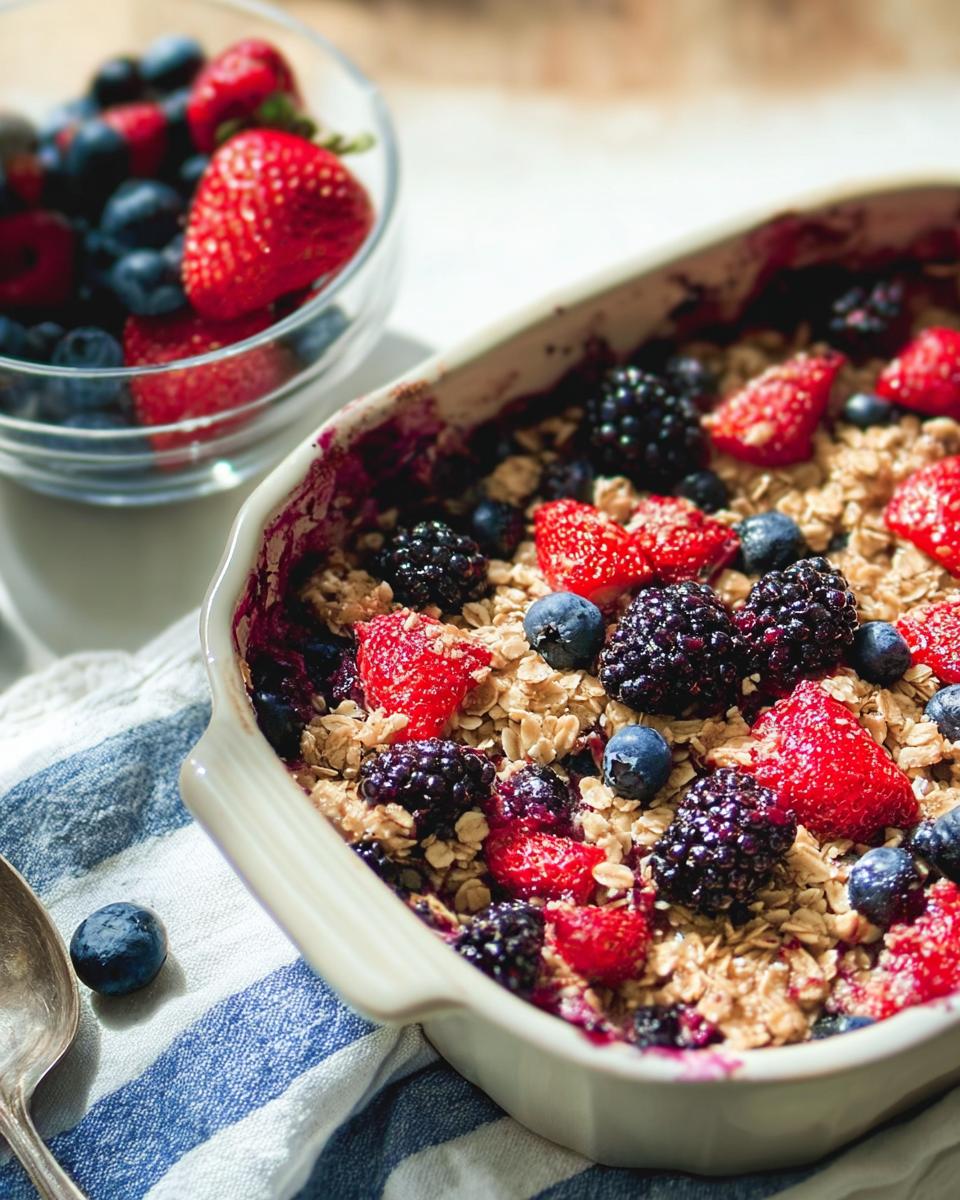 A close-up of a High Protein Triple Berry Bake in a white ceramic dish, topped with fresh strawberries, blueberries, and blackberries.