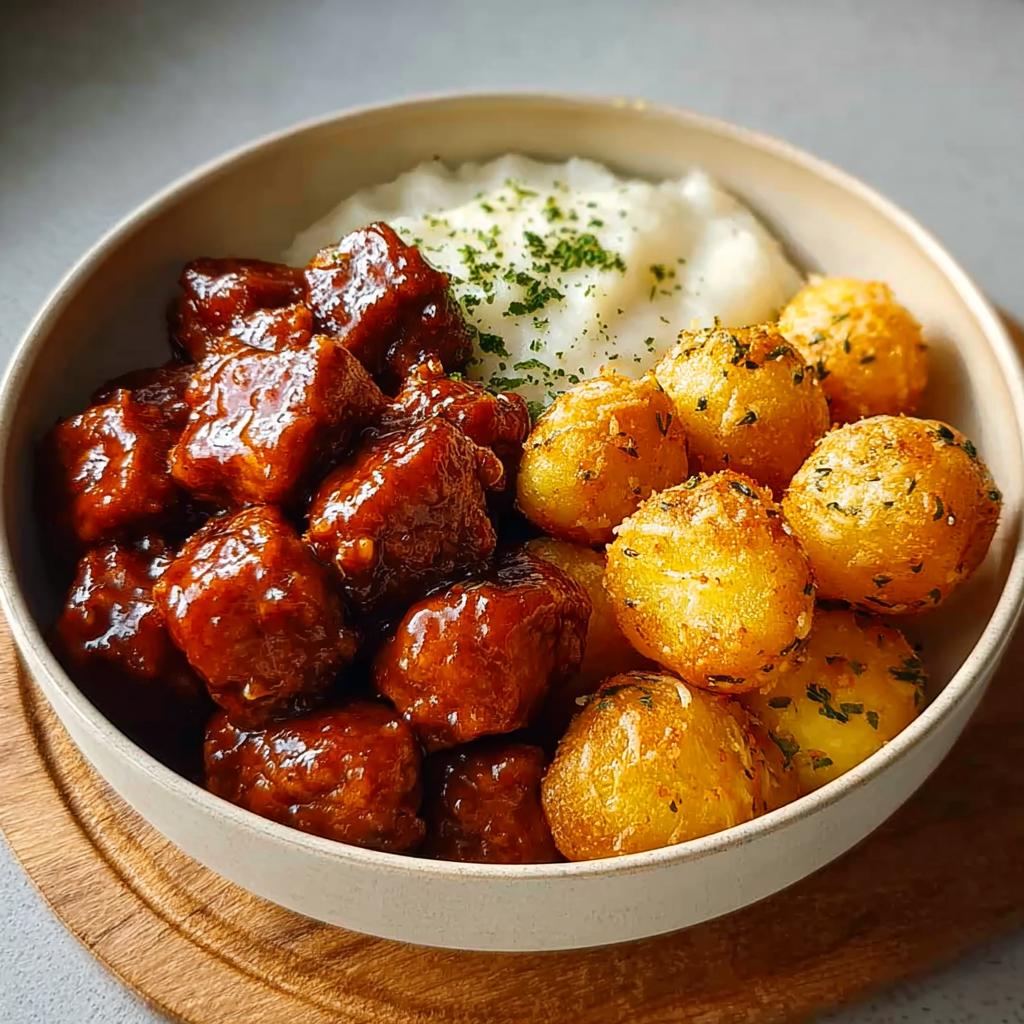 A bowl of Honey BBQ Chicken & Garlic Parmesan Potatoes, with glazed chicken pieces and golden roasted potatoes.