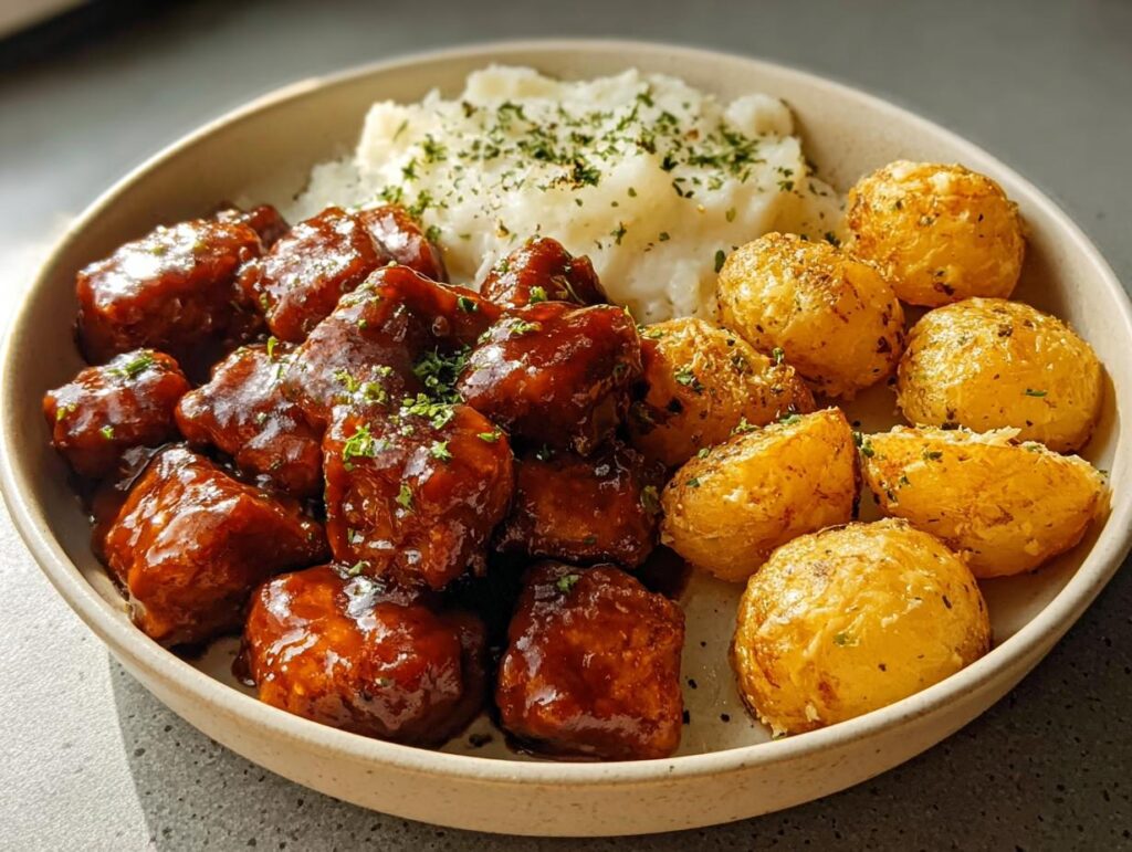 A close-up of Honey BBQ Chicken & Garlic Parmesan Potatoes served in a bowl with mashed potatoes.