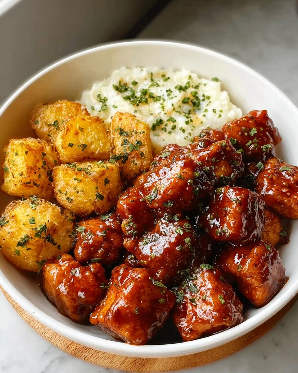 A bowl of Honey BBQ Chicken and Garlic Parmesan Potatoes, garnished with fresh herbs.