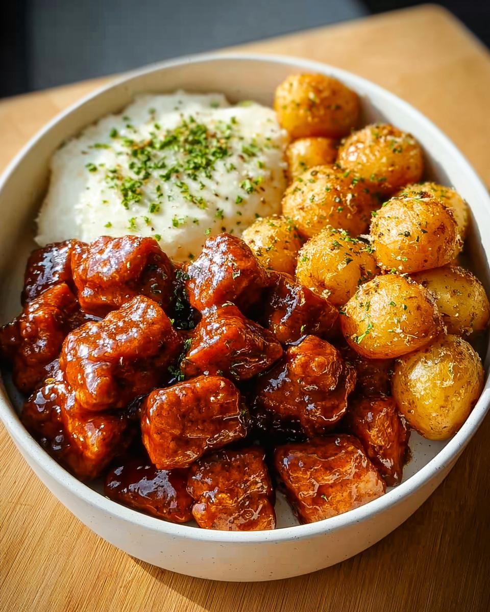 A bowl filled with Honey BBQ Chicken and Garlic Parmesan Potatoes, garnished with herbs.