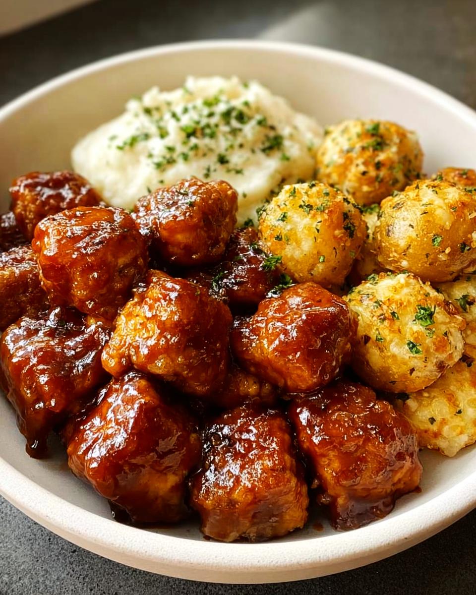A close-up of Honey BBQ Chicken glazed with sauce, served alongside Garlic Parmesan Potatoes and mashed potatoes.