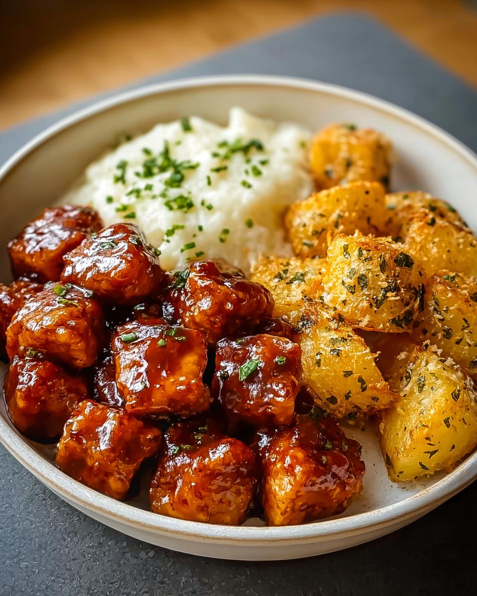 A bowl of Honey BBQ Chicken and Garlic Parmesan Potatoes, garnished with chives.