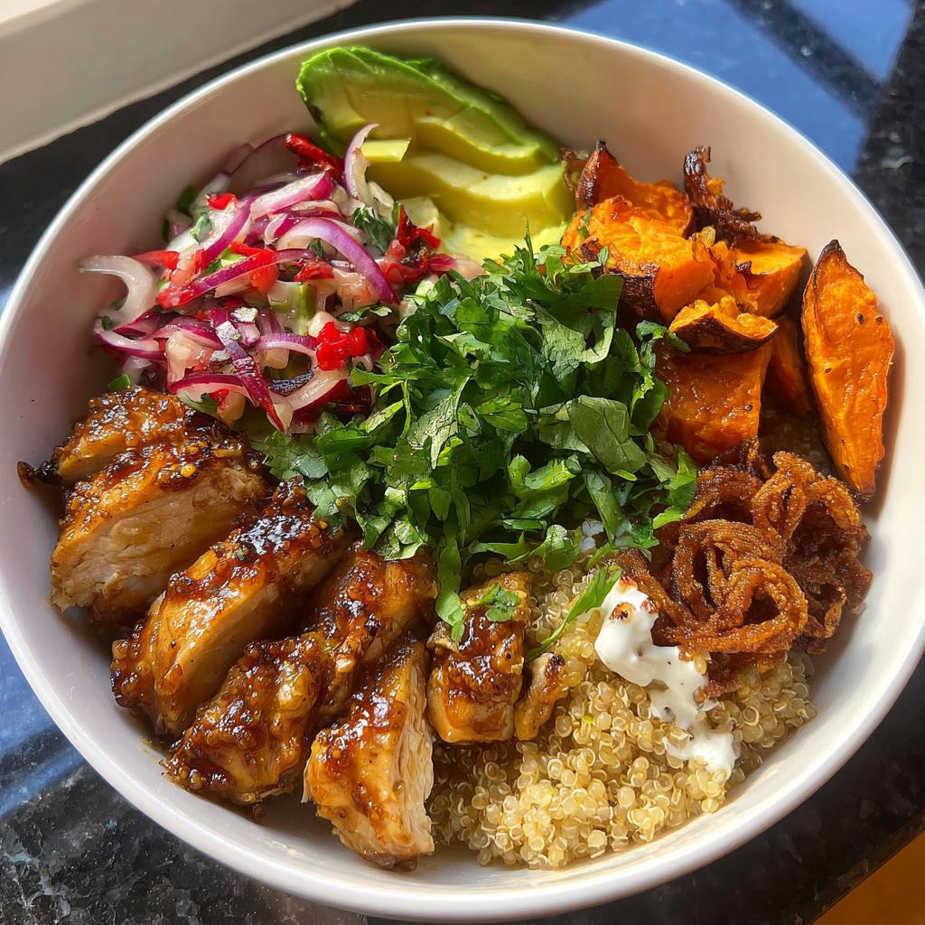 A delicious Hot Honey Chicken Bowl with sliced chicken, quinoa, roasted sweet potatoes, avocado, and a fresh salsa.