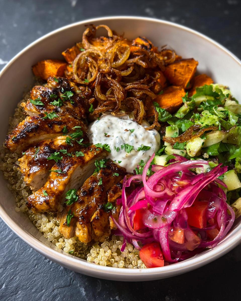 A vibrant Hot Honey Chicken Bowl featuring sliced grilled chicken, quinoa, sweet potatoes, salad, pickled onions, and a dollop of sauce.