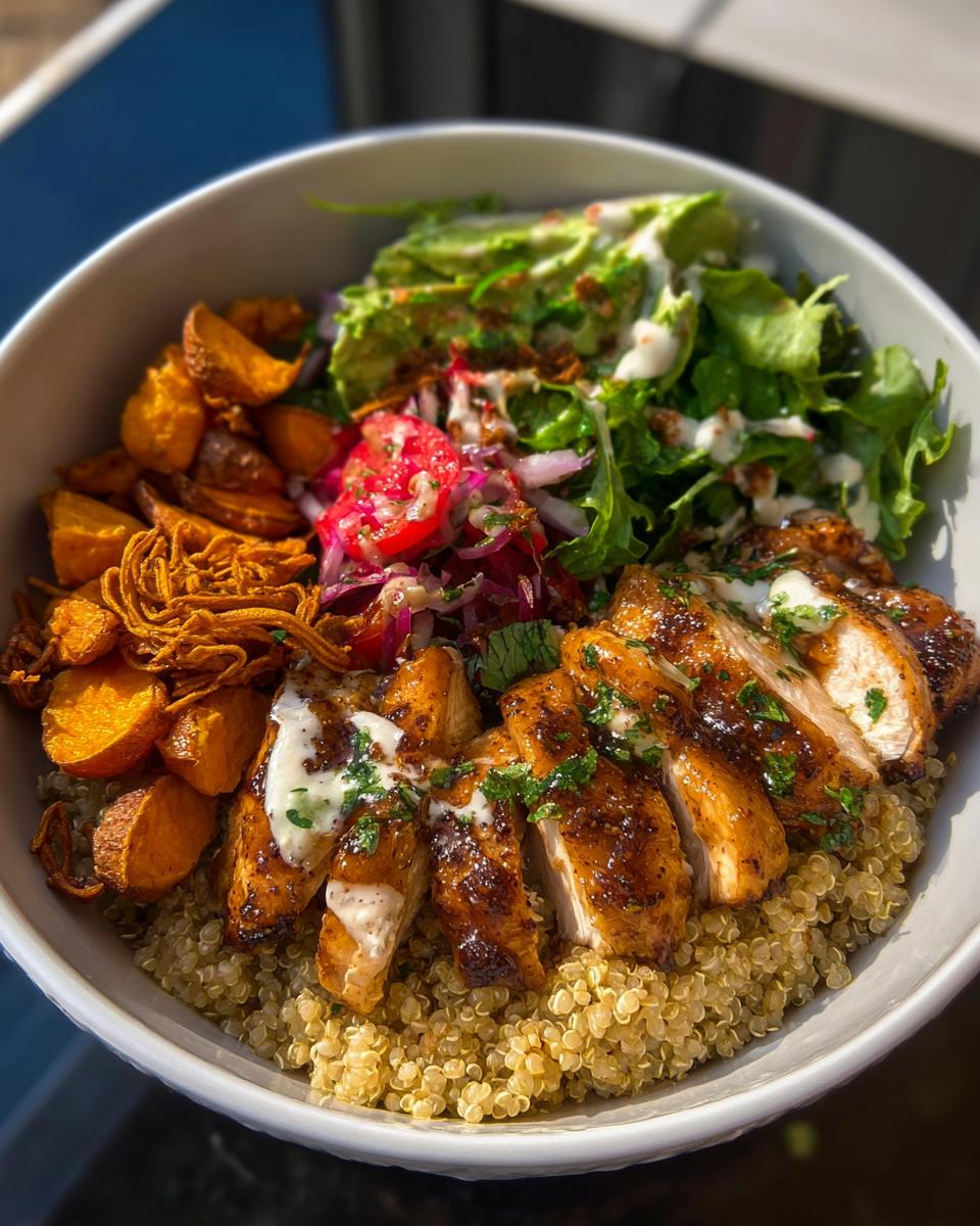 A vibrant Hot Honey Chicken Bowl featuring sliced chicken, quinoa, roasted sweet potatoes, avocado, and fresh greens.