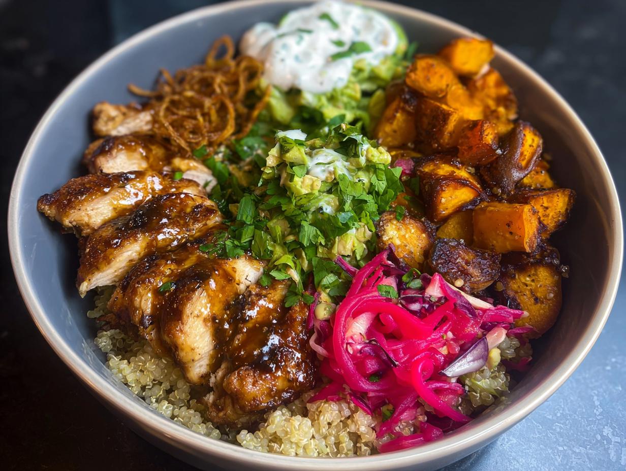 A vibrant Hot Honey Chicken Bowl featuring sliced chicken, roasted sweet potatoes, quinoa, avocado, and pickled red cabbage.