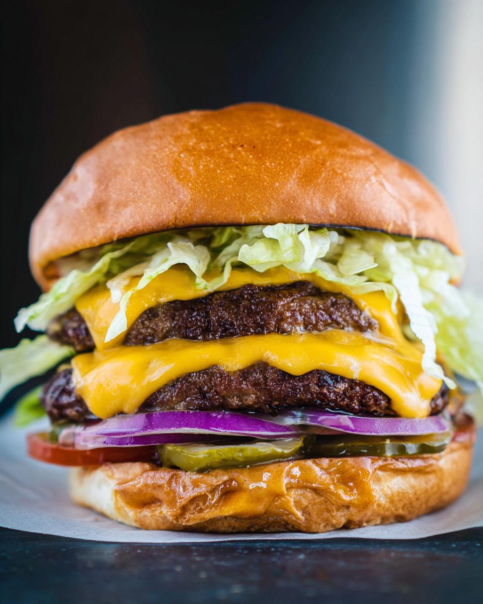 A juicy double patty smash burger recipe with melted cheese, lettuce, tomato, onion, and pickles.